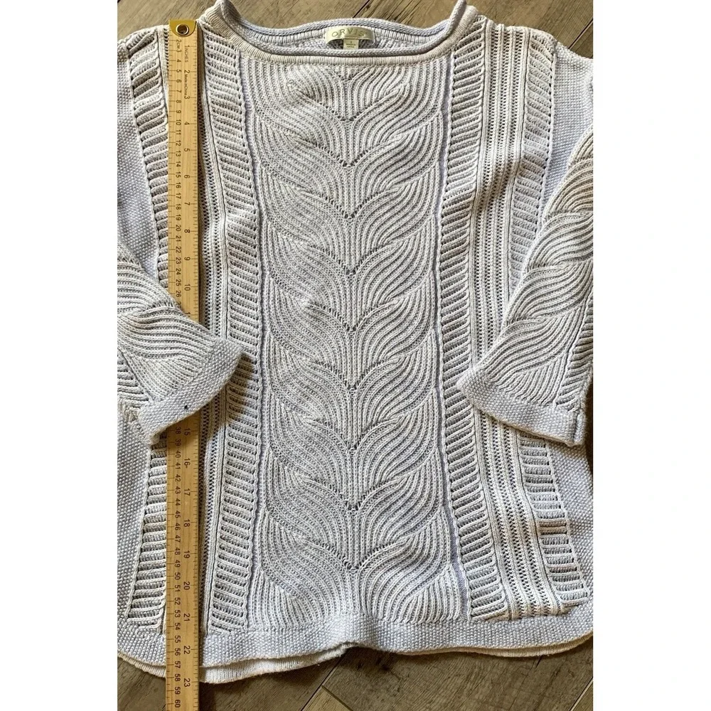 Orvis Sweater light purple Marled Cotton Cable Textured 3/4 Sleeve Lightweight S